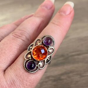 Nicky Butler One of a Kind SS Honey Quartz and Amethyst Multi Gem Scroll Ring
